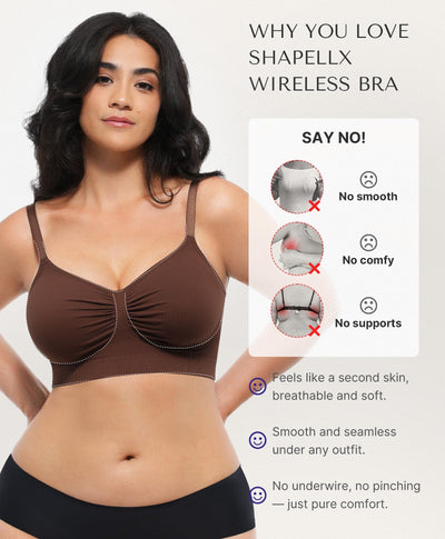 SHAPELLX Wireless Comfy Bra for Womens Breathable Non Padded Seamless Bra Comfortable Soft Bralette V Neck Everyday Bras Brown M