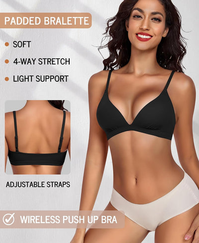 Wenera Triangle Bralette Wireless Padded Pull On Plunge Bra(Black) | Removable Thin Pads, Soft Support, No Underwire, Seamless, Sexy Low Cut V Neck Lingerie for Everyday