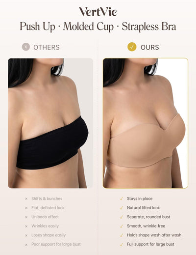 Vertvie Strapless Bra for Large Breast No Show Push Up Non-Slip Bandeau Bra(Praline,36C,Wireless)