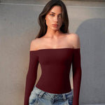 OQQ Bodysuits Womens Off-Shoulder Long Sleeve Seamless Shapewear Tops Darkred