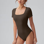 OQQ Women Bodysuits Ruched Short Sleeve Square Neck Stretch Lounge Travel Bodysuits Darkbrown