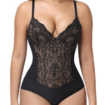 SHAPERIN Sexy Lace Bodysuit for Women Shapewear Tummy Control Corset Bodysuit Thong Body Suit Shaper Black S