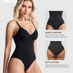 BRABIC Shapewear Bodysuits for Women Tummy Control Shapewear Seamless Backless V-Neck Tops with Built-in Bra (Black, Large)