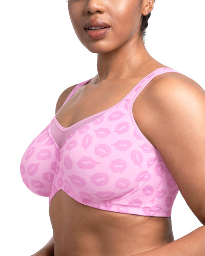 HSIA Minimizer Bras for Women Plus Size, Full Coverage Coolcomfort T Shirt Unlined Bra with Underwire for Heavy Breast, Blush Pink Lip Print 34C