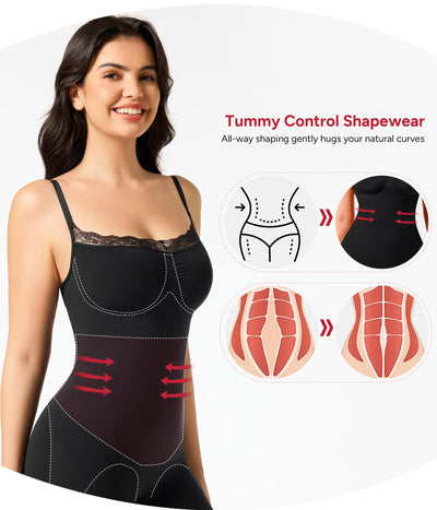 Nebility Shapewear Bodysuits for Women Tummy Control Body Shaper Seamless Waist Trainer Lace Body Suit (Black, Medium)