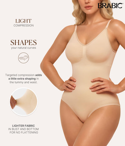 BRABIC Bodysuit Shapewear for Women Tummy Control Panties Seamless Sleeveless Tops V-Neck Camisole Jumpsuit (Beige Brief, X-Small/Small)