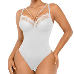 SHAPELLX Shapewear for Women Lace Bodysuit Tummy Control Thong Waist Sculpt Body Shaper(White, XX-Large)