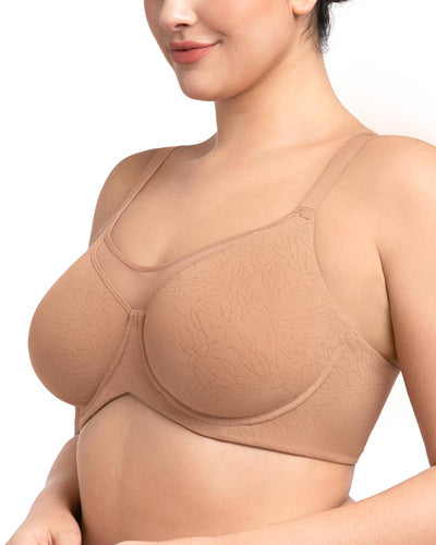 HSIA Minimizer Bras for Women Plus Size, Full Coverage Coolcomfort T Shirt Unlined Bra with Underwire for Heavy Breast, Dark Beige with Floral Print 38DDD