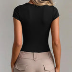 OQQ Women Bodysuit Short Cap Sleeves Tummy Control One Piece Going Out Tops