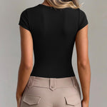 OQQ Women Bodysuit Short Cap Sleeves Tummy Control One Piece Going Out Tops Black
