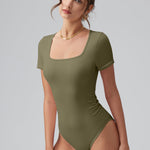 OQQ Women Bodysuits Ruched Short Sleeve Square Neck Stretch Lounge Travel Bodysuits Sauerkraut