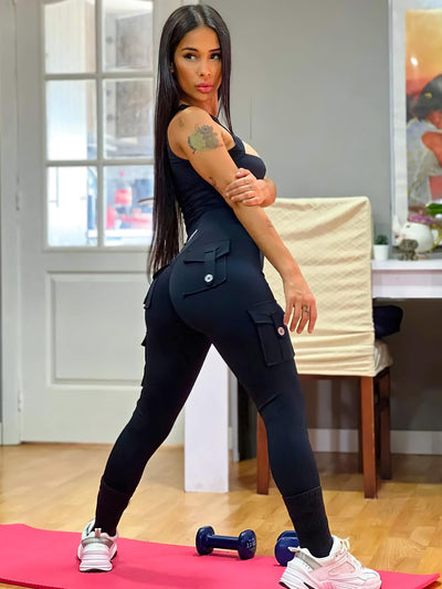 YEOREO CoreFlex Workout Cargo Leggings with Pockets for Women Hidden Scrunch Butt Lifting Leggings Gym Yoga Pants Black M