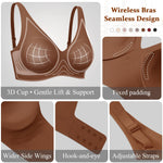 Werena Womens Wireless Jelly Bras Deep V Push Up Low Cut Bra No Underwire Supportive Plunge Seamless Everyday Comfortable Tshirt Bralette (Brown,L)