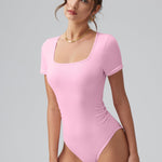 OQQ Women Bodysuits Ruched Short Sleeve Square Neck Stretch Lounge Travel Bodysuits Pink cherry blossom