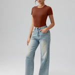 OQQ Women's Crew Neck Short Sleeve Bodysuit Ruched Stretch Vacation Basic for Tops Spring & Summer Caramel