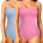 Irisnaya 2-Pack Pink Blue Bodysuits Shapewear for Women Square Neck Black Body Suit Tummy Control Shapewear Slimming