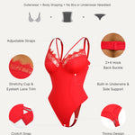 SHAPELLX Lace Bodysuit Tummy Control Thong for Women Sculpting Snatched Waist Shapewear V Neck Body Shaper(Red, X-Large)