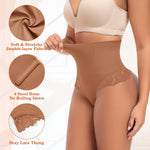 Werena Women Shapewear Tummy Control Thong High Waisted Body Shaper Underwear Lace Shaping Panties Slimming Panty Girdle(#B Lace Latte(Mid Waisted), Small)