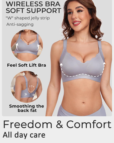 Gailife Scalloped Lift Bras for Women Soft Push Up Wireless Bra Supportive V Neck No Underwire Seamless Tshirt Bralettes, Silver Gray, L