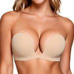 Upushall Strapless Push Up Bras for Women Padded Deep Plunge U Shape Halter Non Slip Seamless Bra 34B,Nude