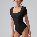 OQQ Women Bodysuits Ruched Short Sleeve Square Neck Stretch Lounge Travel Bodysuits Black