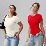 OQQ Women's Crew Neck Short Sleeve Bodysuit Ruched Stretch Vacation Basic for Tops Spring & Summer