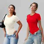 OQQ Women's Crew Neck Short Sleeve Bodysuit Ruched Stretch Vacation Basic for Tops Spring & Summer Beige