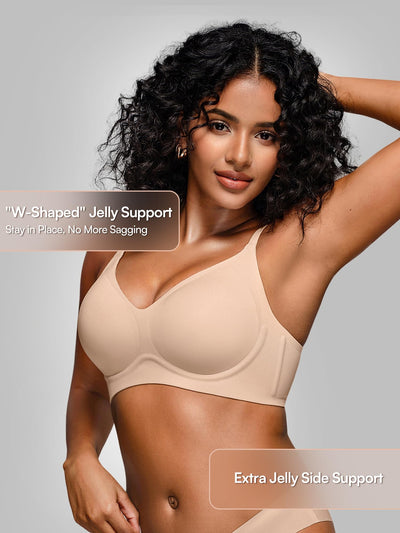 Wireless Jelly Bras for Women No Underwire - Seamless Padded T-Shirt Bralette with Support, Full Coverage Comfort Bra (M, Skin)