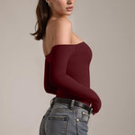 OQQ Bodysuits Womens Off-Shoulder Long Sleeve Seamless Shapewear Tops Darkred
