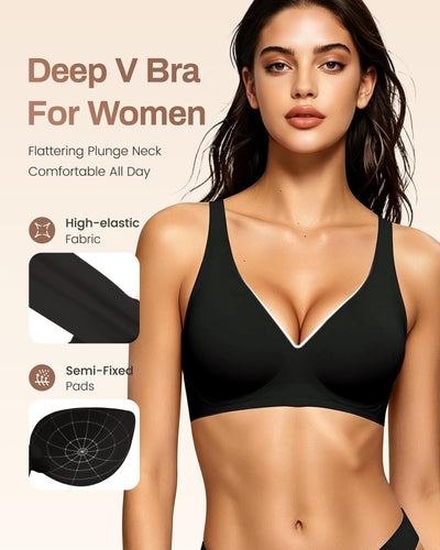 Gailife Deep V Jelly Bras for Women No Underwire Wireless Seamless Push Up Bra Comfort Support Plunge Bralette Full Coverage -BK,L Black