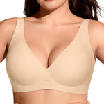 OEAK Womens Deep V Bras Wireless Comfortable Bra Supportive No Underwire Bras Tshirt Push Up Bralettes Plunge Seamless Bra Beige XL Plus
