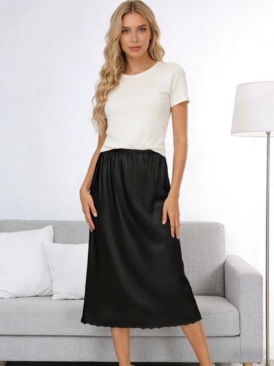 Brinkina Black Half Slip for Women S Size 35" – Light weight Non Cling Satin Underskirt with Lace Trim, Anti Static Dress Liner for Midi/Maxi Skirts (106Black,S)