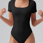 OQQ Women Bodysuits Ruched Short Sleeve Square Neck Stretch Lounge Travel Bodysuits Black