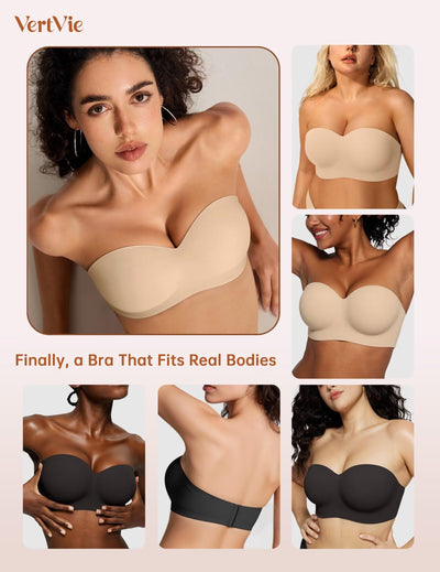 Vertvie Strapless Bras for Women Underwire Push Up Bandeau Top Bra Plus Size Seamless Side and Back Smoothing Padded Bralette(36DD,Nude)