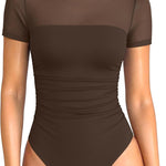 OQQ Women Short Sleeve Bodysuit Tummy Control Shapewear Mesh One Piece Leotard Shirts Going Out Tops
