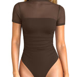 OQQ Women Short Sleeve Bodysuit Tummy Control Shapewear Mesh One Piece Leotard Shirts Going Out Tops Darkbrown