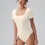 OQQ Women Bodysuits Ruched Short Sleeve Square Neck Stretch Lounge Travel Bodysuits Beige