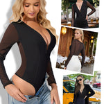 SHAPERIN Mesh Long Sleeve Shapewear Bodysuit Women Sexy Deep V Neck Tummy Control Sheer Body Suit Going Out Tops Concert Outfits Black S