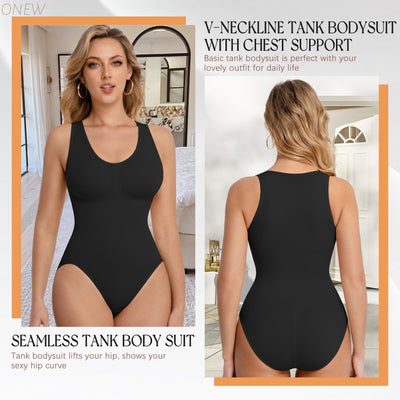 ONEW Shapewear Bodysuit for Women Tummy Control Seamless Body Suits Deep V Neck Body Shaper Going Out,Black,Large