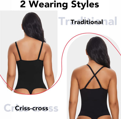 SHAPERIN Women's Deep V Neck Bodysuit Double Lined Plunge Tummy Control Shapewear Thong Body Suits Backless Cami Tank