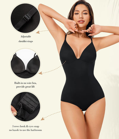 Irisnaya Women's Plunge Deep V Neck Bodysuits with Built in Bra Body Suits | Double-lined shapewear body suits tops has no-wire bra support. Adjustable straps offer a custom fit for work or events.