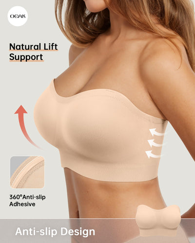 OEAK Supportive Strapless Bras for Women Push Up Wireless Bandeau Bra Non Slip Seamless Bras Comfortable Padded Bralette Beige XL