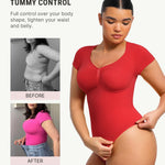 FeelinGirl Bodysuit for Women Tummy Control Women's Short Sleeve V Neck Sexy Tops for Going Out Thong Bodysuit for Womens Rust Red L