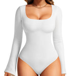 Nebility White Long Sleeve Bodysuits for Women Tummy Control Shapewear Square Neck Body Suits Bell Sleeves(Medium,White)
