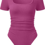 OQQ Women Bodysuits Ruched Short Sleeve Square Neck Stretch Lounge Travel Bodysuits