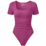 OQQ Women Bodysuits Ruched Short Sleeve Square Neck Stretch Lounge Travel Bodysuits Fuchsia