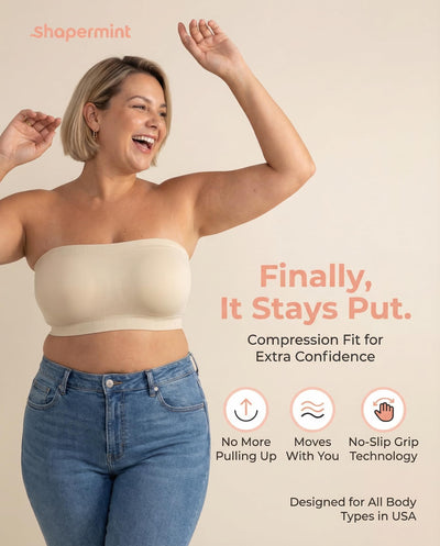 SHAPERMINT Strapless Bra, Wireless Non-Slip Bandeau, Convertible Straps, Molded Strapless Bras for Women S to Large Breasts Beige