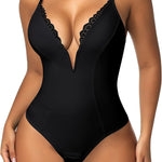SHAPERIN Women's Lace Trimmed Deep V Neck Bodysuit Plunge Tummy Control Shapewear Thong Body Suits Cami Tank Corset Tops