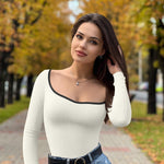 OQQ Women Bodysuit Contrast-Trim Square Neck Long Sleeve Stretch Bodysuit Tops Beige