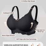 OEAK Women Jelly Bras No Underwire Scalloped Push Up Buttery Soft Tshirt Bra Seamless Full Coverage Convertible Everyday Bra Black,L
